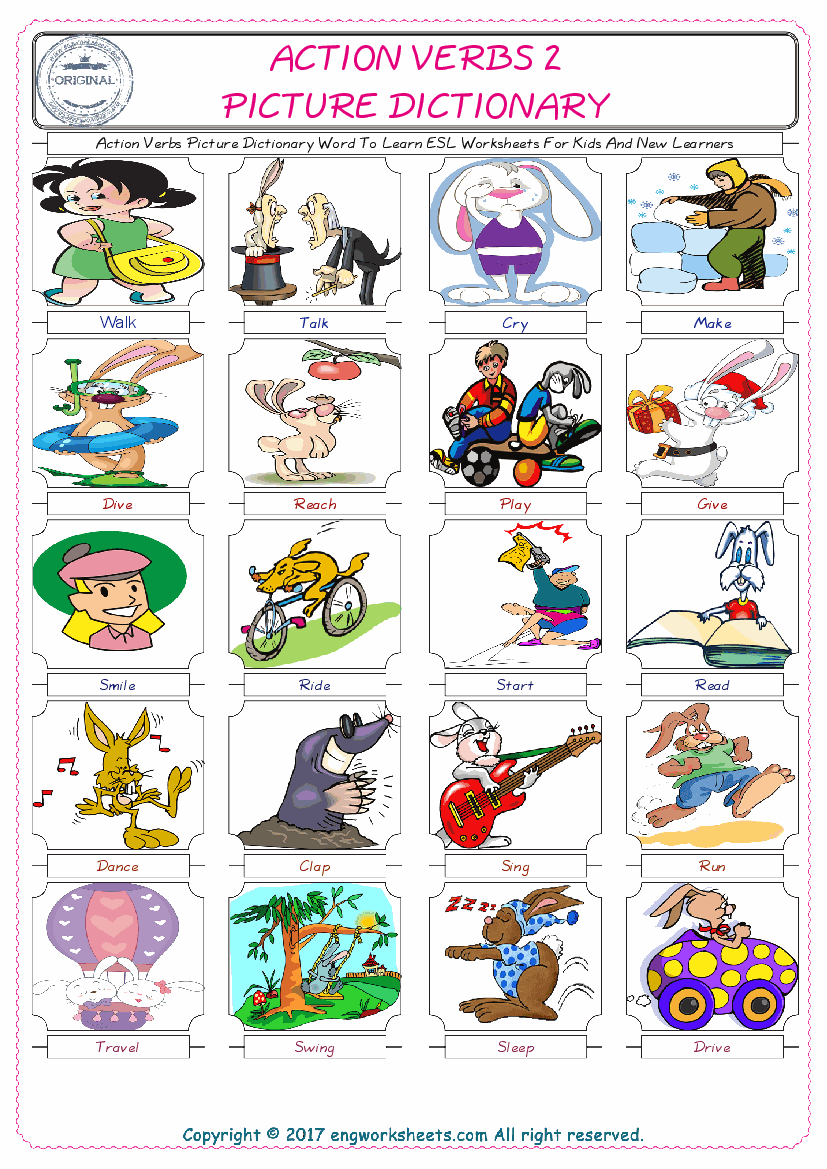  Action Verbs English Worksheet for Kids ESL Printable Picture Dictionary 